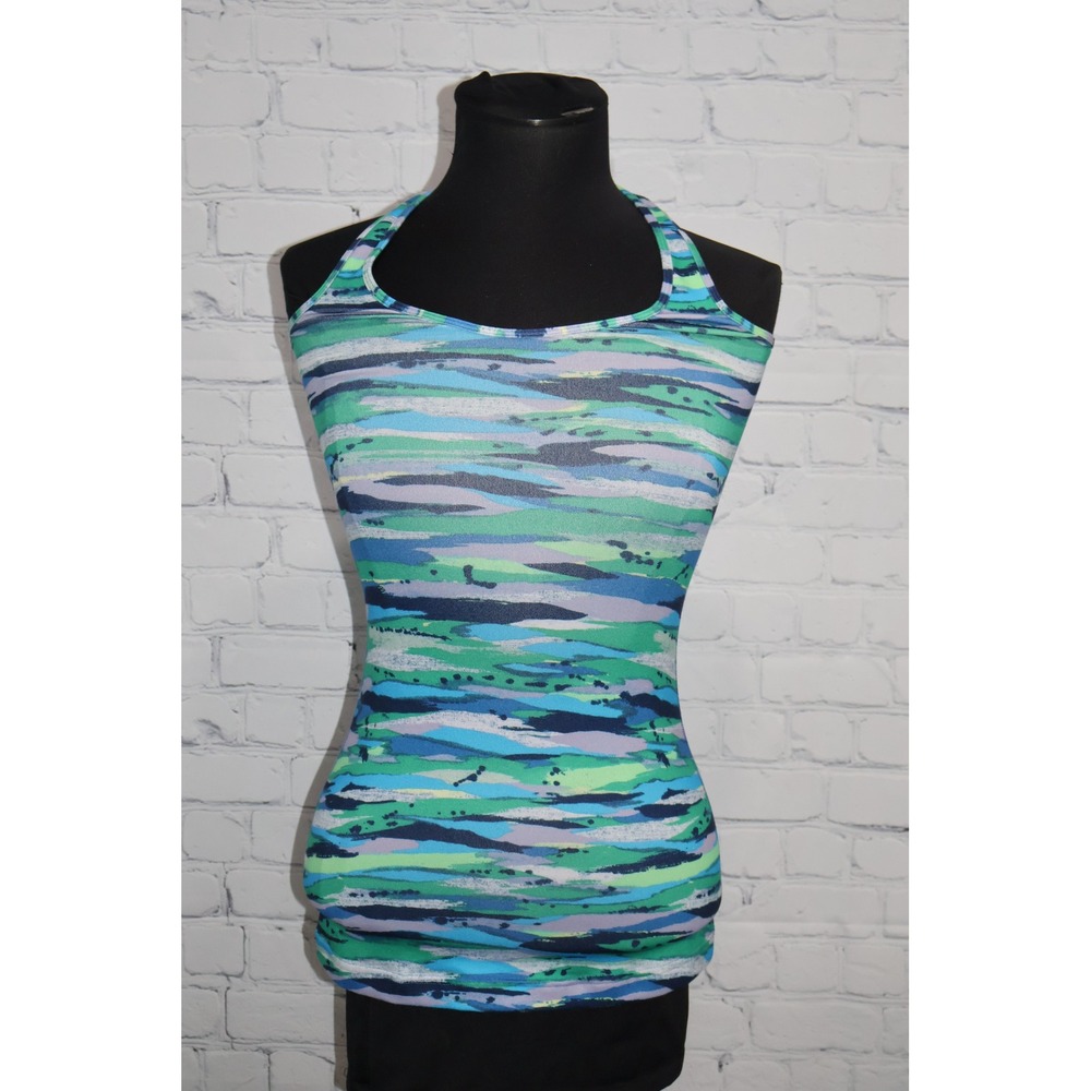 Lululemon Cool Racerback Tank Top Women Medium Blue Green Abstract Gym Shirt